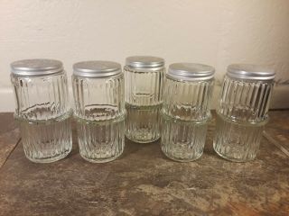Set Of 5 Vintage Ribbed Glass Sellers Or Hoosier Spice Jars W/lids Guc