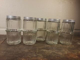 Set of 5 Vintage Ribbed Glass Sellers or Hoosier Spice Jars w/Lids GUC 5
