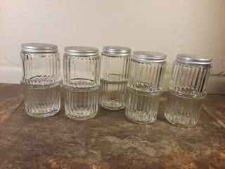 Set of 5 Vintage Ribbed Glass Sellers or Hoosier Spice Jars w/Lids GUC 7