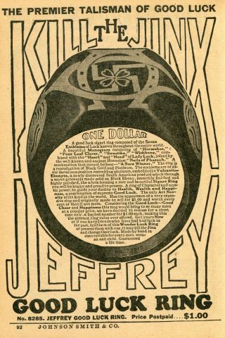 1938 Small Print Ad Of Jeffrey Good Luck Ring Horseshoe & Swastika Kill The Jinx
