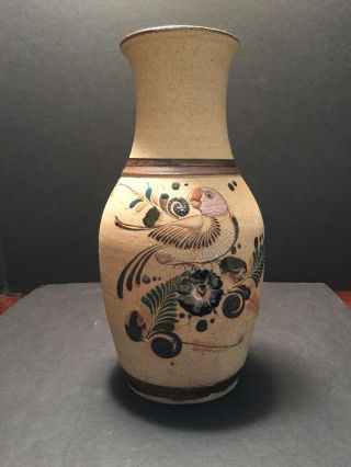 Vintage Mexican Folk Art Tonala Pottery Vase Signed 11.  Inch Tall