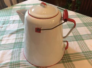 Vintage Large Enamelware Camp Coffee Pot White With Red Trim 12 " High Very Good