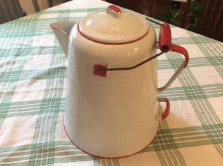 Vintage Large Enamelware Camp Coffee Pot White with Red Trim 12 