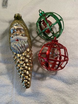 3 Vintage Christmas Ornaments Bradford Cage Santa Pinecone Snowman Bell Mercury