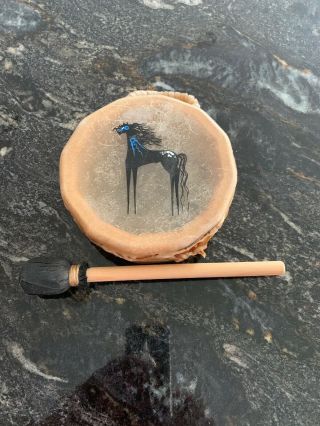 Wood And Hide Hand Painted Native American Drum And Beater Horse Signed