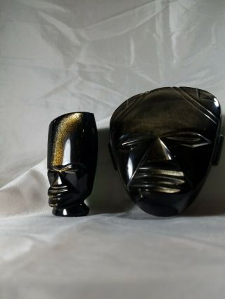 Two Vintage MCM Black Gold Sheen Obsidian Carved Aztec Mayan Tiki Idol Figurines 4