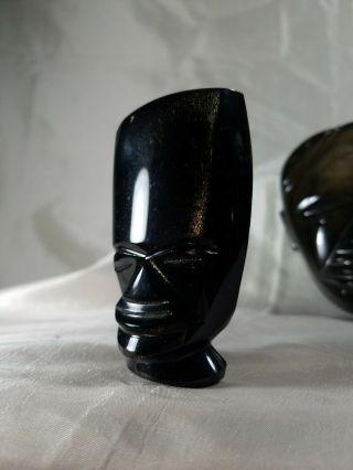 Two Vintage MCM Black Gold Sheen Obsidian Carved Aztec Mayan Tiki Idol Figurines 7