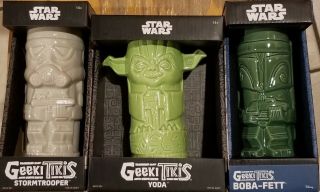 Set Of Three Star Wars Geeki Tikis Yoda Boba Fett & Storm Trooper 14 Oz.