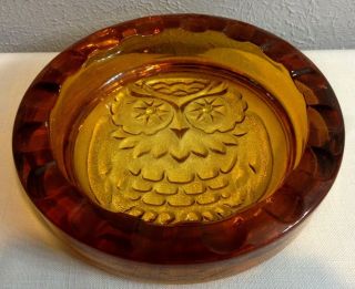 Vintage Amber Glass Ashtray Round With Owl 7 " Thick Heavey Piece