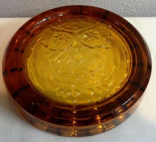 VINTAGE AMBER GLASS ASHTRAY ROUND WITH OWL 7 