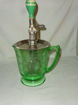 Vintage Hand Mixer Egg Beater W/ 4 Cup Green Uranium Glass Measuring Pitcher