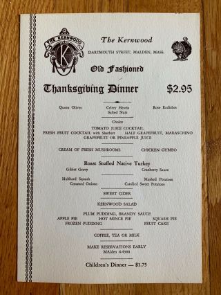 Antique Menu From The Kernwood Restaurant,  Malden,  Mass - Thanksgiving Dinner