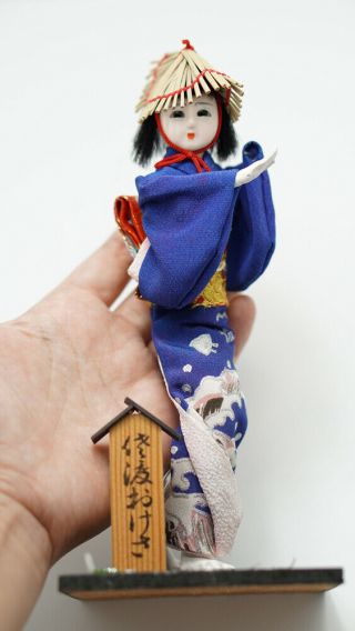 Japanese Doll Kimono Vintage Fabric Plaster Blue Hat Black Hair Geisha Art Women