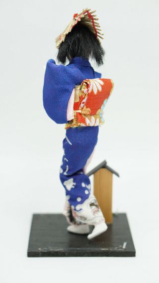 Japanese Doll Kimono Vintage Fabric Plaster Blue Hat Black Hair Geisha Art Women 4