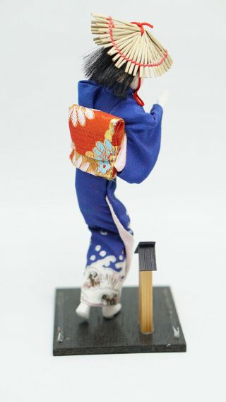 Japanese Doll Kimono Vintage Fabric Plaster Blue Hat Black Hair Geisha Art Women 5