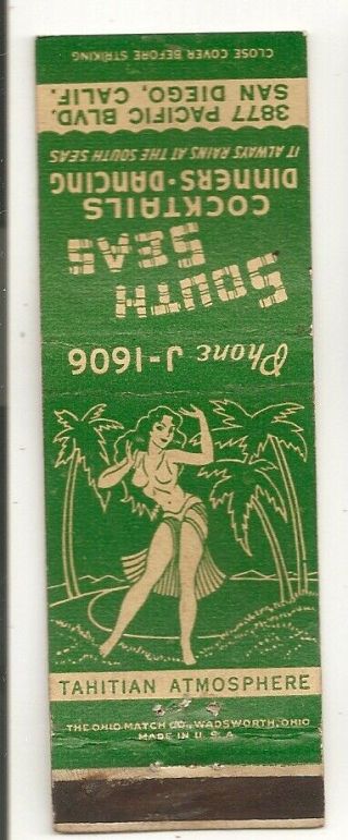 South Seas Bar Dancing Tahitian Tiki Hula Dancer,  San Diego Ca Matchbook Cover
