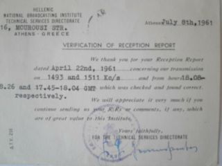 QSL card from Hellenic National Broadcasting Institute - Athens 1961 2