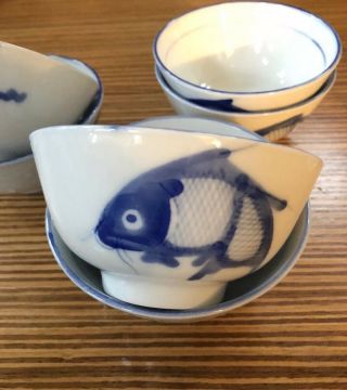 6 Blue Koi Fish Asian Rice Or Dessert Bowls Porcelain Ceramic China