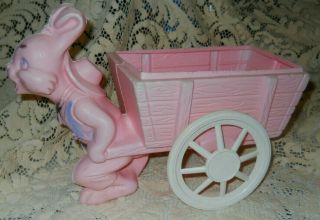 Vintage Pink Easter Bunny Rabbit Pulling Wagon Cart Plastic Blow Mold