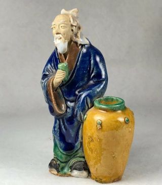 Vintage Antique Chinese Mudman Mud Man 4.  5 " Tall With Cup And Urn Vase Vessel