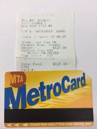 Recent Purchase 30 Day Nyc Mta Unlimited Monthly Metrocard ($128 Value)