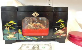 Vtg Japan Hand Painted Lacquer Moving Rickshaw Diorama Jewelry Music Box