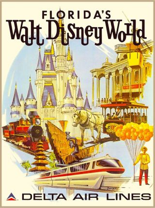 Orlando Walt Disney World Delta Airlines Vintage Travel Advertisement Poster
