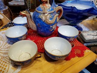 Japanese Moriage Kutani Dragonware Tea Set With 6 Geisha Lithopane Cups