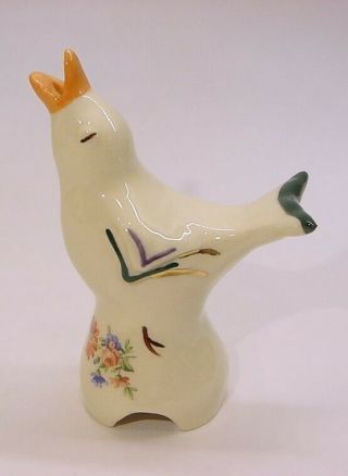 Vintage Adrian Pottery Singing Pie Bird Vent Green Tail Hen W/floral & Gold