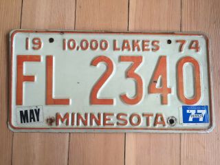 1974 Minnesota License Plate Fl 2340 White And Red W/ 1977 Tabs