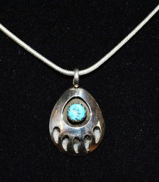 Necklace Bear Paw Shadow Box Turquoise Sterling Silver Navajo With Chain
