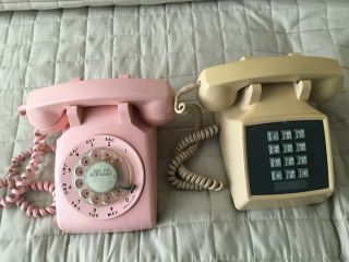 Pink Rotary Phone / Beige Push Button Desk Top Telephones 1970’s