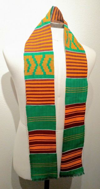 4.  5x60 Inch Authentic African Kente Cloth Stole Scarf Made In Ghana,  Green