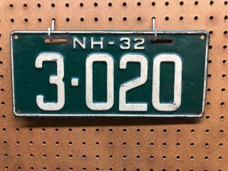 1932 Hampshire 4 Digit License Plate 3020 Nh Low Number Auto Rare