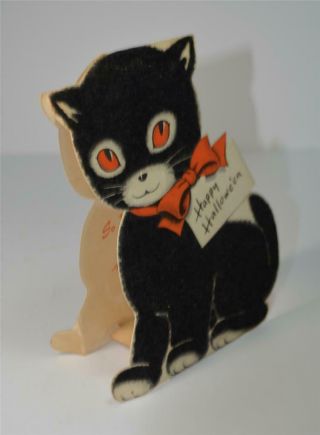 Vintage Cute Black Cat Flocked Halloween Card By Inky 1950s