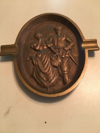 Vintage Erotica Man & Woman Naughty Double Sided Cast Metal Brass Tone Ashtray