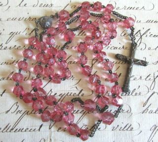 Antique French Pretty 59 Rose Pink Glass Beaded Adult Rosary C1900 