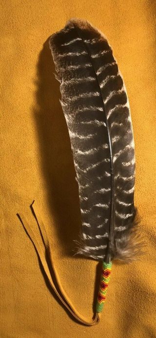 Beautifully Colored Native American Lakota Sioux Beaded Turkey Wing Feather