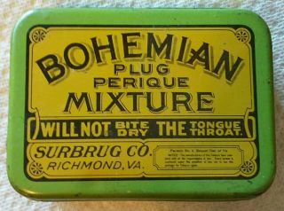 Vintage Tobacco Tin,  Bohemian Plug Perique Mixture,  Surbrug Co.  Richmond Va.