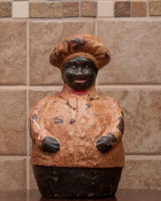 Large Antique Cast Iron African American Chef Still Bank Circa: 1930 