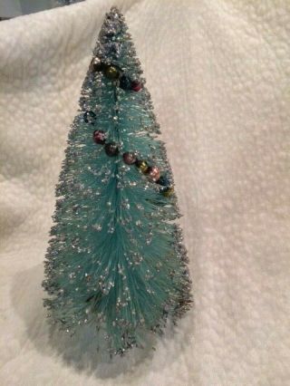 Vtg Bottle Brush Christmas Tree Aqua Blue Glass Garland Silver 12 " Tall