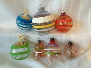 7 Vtg Unsilvered Christmas Ornaments Tinsel Stripe Bell Teardrop Paper Tops