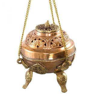 Copper And Brass Hanging Incense Burner 4.  25 " Tibetan Style Censer W/ Chains