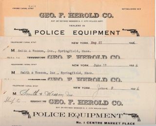 Letter & 3 Invoices Geo.  F.  Herold Police Equipmnt,  York To Smith & Wesson 1926