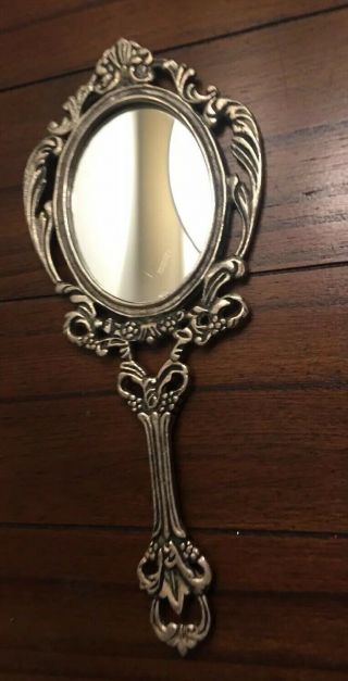 Vintage Ornate Mirror Scroll Silver Plate On Solid Brass Hand Held Mirror