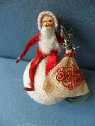 Christmas Ornament German Santa Claus On Snow Ball Ca: 1920 Rare Cotton