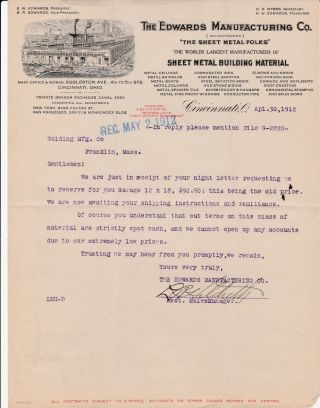 1912 Receipt/bill Letter - Cincinnati,  Ohio - " The Edwards Manufacturing Co.  "
