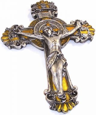 Large Hanging St Benedict Wall Cross Crucifix Saint Wood Silver Catholic 10 Holy