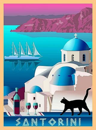 Santorini Greece Greek Isles Black Cat Retro Travel Wall Decor Art Poster Print