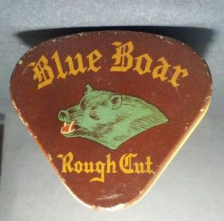 Vintage Blue Boar Rough Cut Tobacco Tin triangle shape.  litho 4
